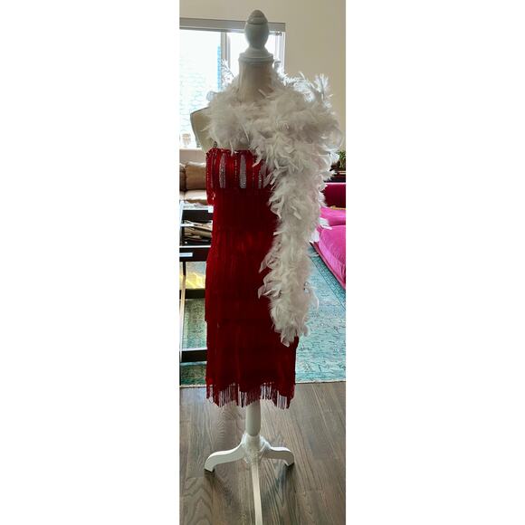 Red 1920s Flapper Dress Costume Set Headpiece Gloves Boa Wig Necklace Sz 4 Small - Picture 11 of 16